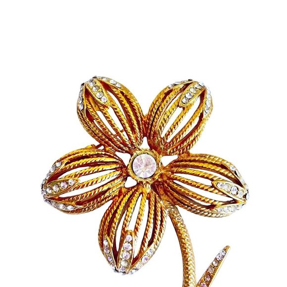 Goldtone and Rhinestone Single Flower on Stem Brooch Filigree 3" - Picture 3 of 5